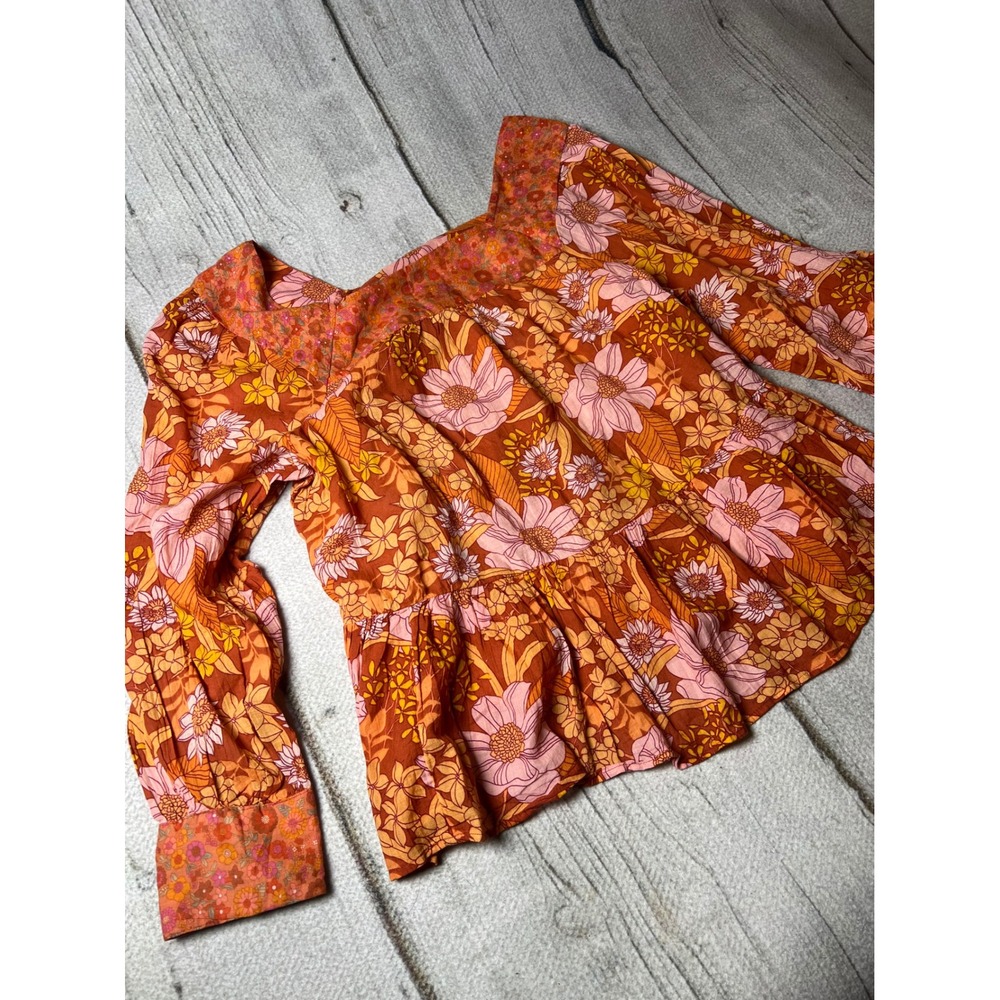 American Eagle Floral Peplum Blouse Womens Medium Orange Boho Retro Square Neck